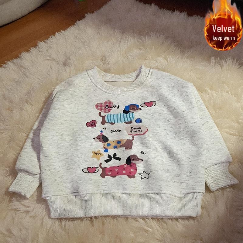 Kids' Cute Dachshund Cartoon Hoodie - Round Neck, Plus Velvet, Autumn/Winter Pullover for Boys and Girls