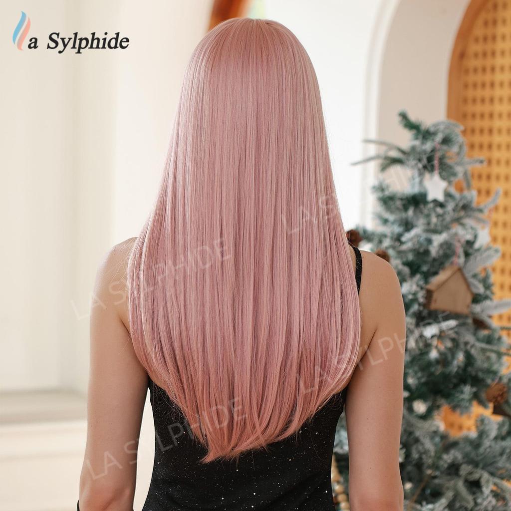 Women's Cross-Border Wigs: Long Straight Hair with Bangs, High-Temp Synthetic, Full Coverage, Available in Black, Red-Brown, Orange, and Pink.