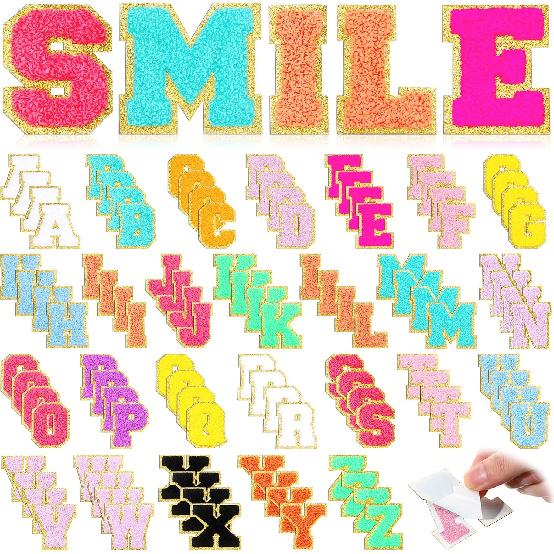 104 шт. Шенилловые нашивки-буквы, Самоклеящиеся буквы, Радужные самоклеящиеся шенилловые вышитые тканевые наклейки, Разноцветные нашивки-смайлики для джинсов