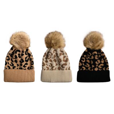 Fashionable Leopard Print Curled Fur Ball Knitted Hat for Women Outdoor Warm Thickened Autumn and Winter Ladies Wool Hat