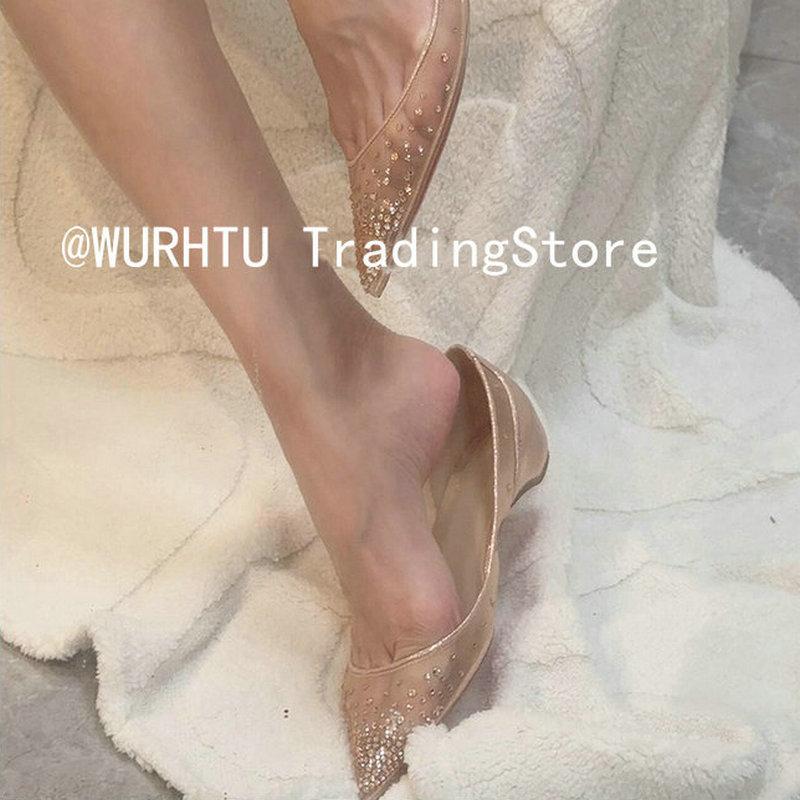 Fashion The 2025 New Summer Fairy Style Rhinestone Mesh Inner High-Heeled One-Heeled French Pointed-Toe Flat Shoes For Women