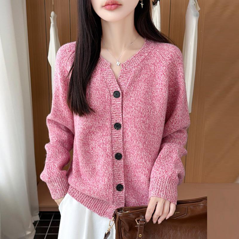 Autumn/Winter Pure Wool Thick V-Neck Long Sleeve Heather Yarn Cardigan Sweater