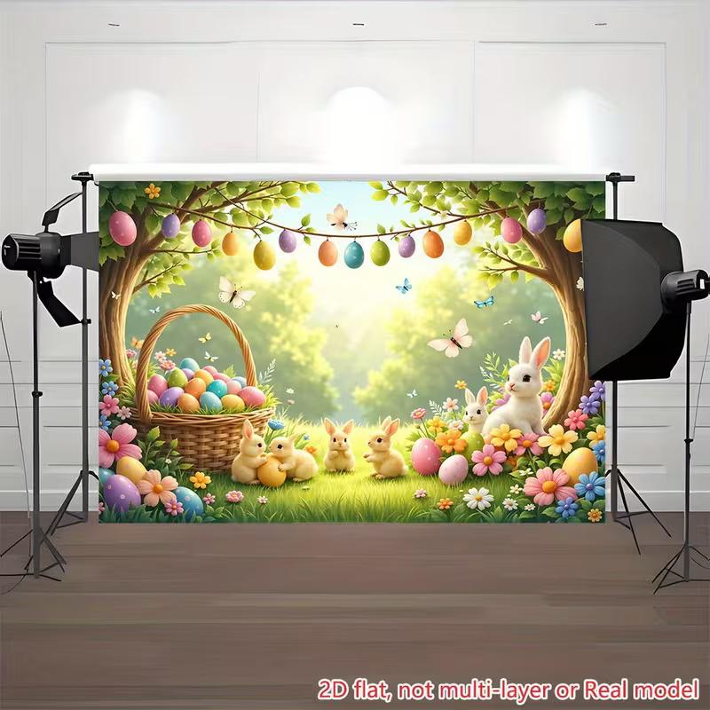 2D Easter Photo Booth Backdrop, Cute Bunnies & Floral Garden Photography Background