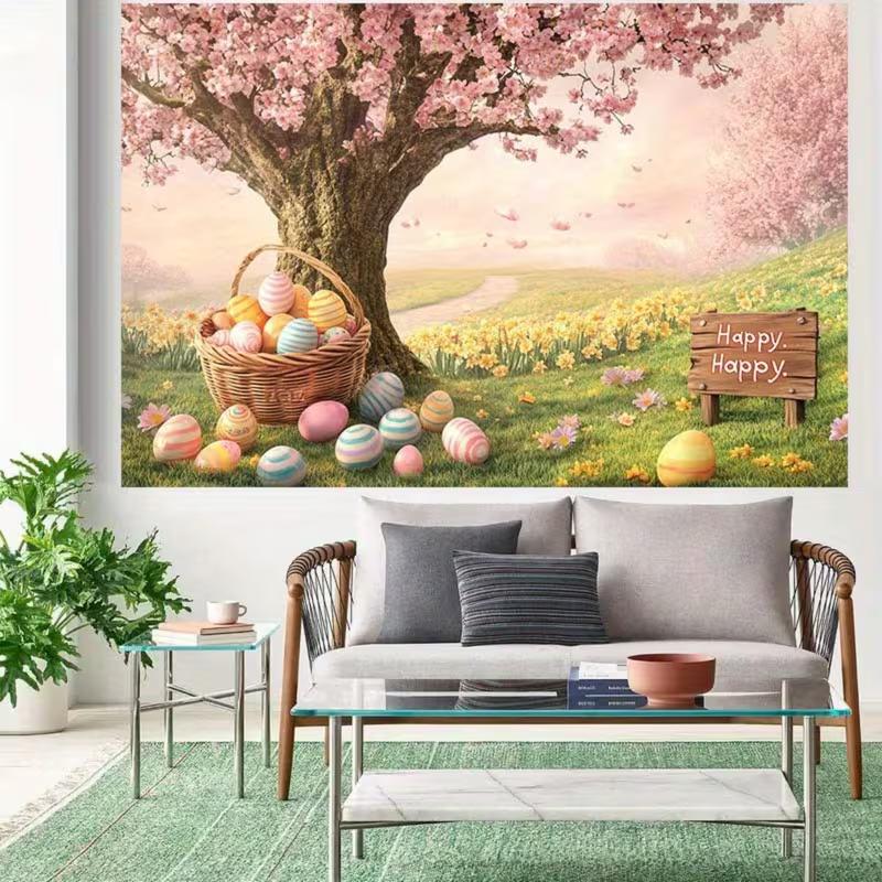 2D Spring Easter Meadow Backdrop, Cherry Blossom Tree & Basket Eggs Party Background