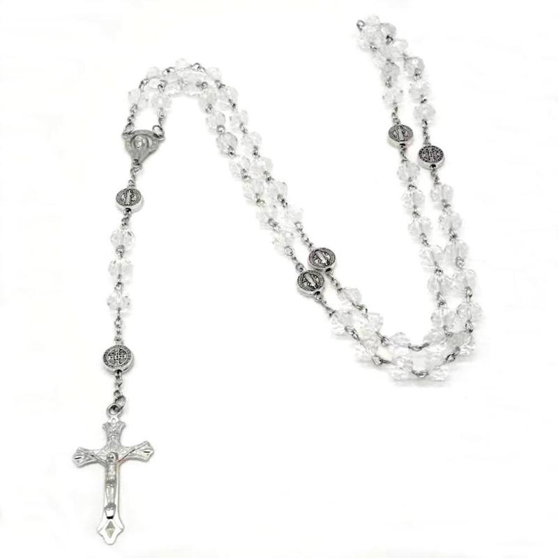 Catholic Necklace Rosary Crystal Beads Long Chain Cross Pendant Necklaces Christian Prayer Meditation Jewelry for Women
