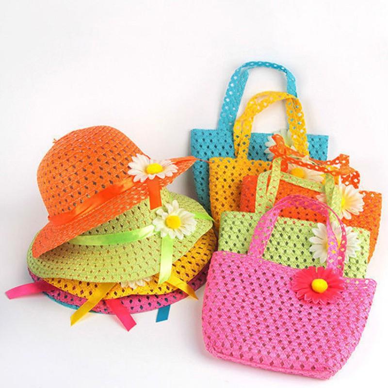 Children Charm Princess Straw Baby Girl Sun Beach Hat Flower Cap & Handbag Lovely Summer