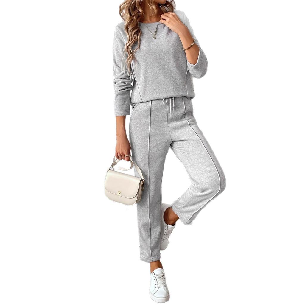 New Women's Fleece Sweatshirt & Pocket Pants Set - Round Neck, Fashionable & Simple Style, Casual Straight Leg Design (2025).