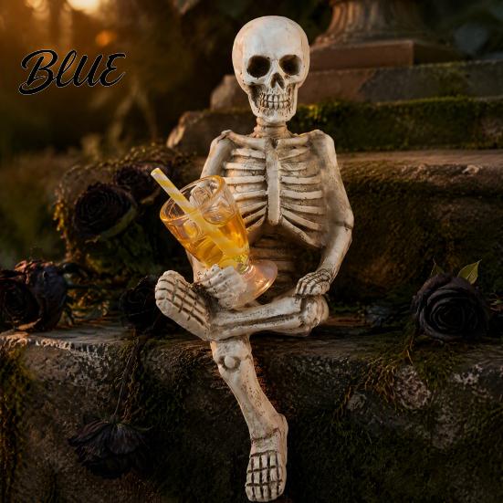 Resin Skeleton Sculpture Halloween Gothic Figurine Holding Glass Bottle Horror Decor Statue Desktop Decoration for Home Office Bookshelf Outdoor