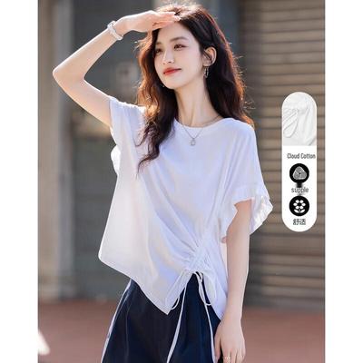 Damen asymmetrisches Baumwoll-Spandex-T-Shirt mit Kordelzug und Falten