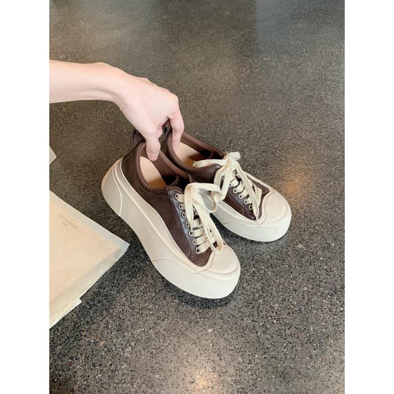 Cowhide version~ Versatile round head casual sports board shoes inner height increase thick sole old white shoes women
