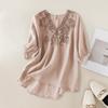 Women's Summer Solid Color V-Neck Loose T-Shirt Literary Embroidery Comfortable Top