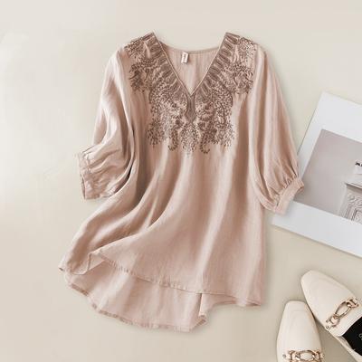 Women's Summer Solid Color V-Neck Loose T-Shirt Literary Embroidery Comfortable Top