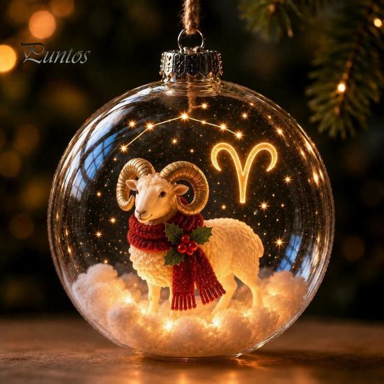 Holiday Ornaments for Bedroom Lighted Zodiac Christmas Ornament, Glowing Sign Ball with Warm LED, Xmas Tree Hanging Decorations 3D Clear Acrylic