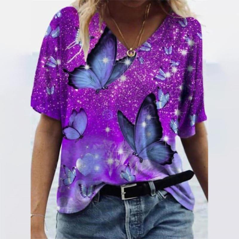 Women's T-shirts Summer Gradient Graphics Tops V-Neck Fashion Female Vintage Clothing Floral Print Tees Loose Oversized T-Shirts