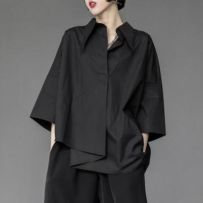 Dame Dekonstrueret Asymmetrisk Uregelmæssig Kant Skjorte Rever Krave Halv Ærme Oversized Løs Streetwear Afslappet Bluse