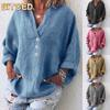 Women's Fashion Casual Solid Color Print Long Sleeve V Neck Blouses & Shirts