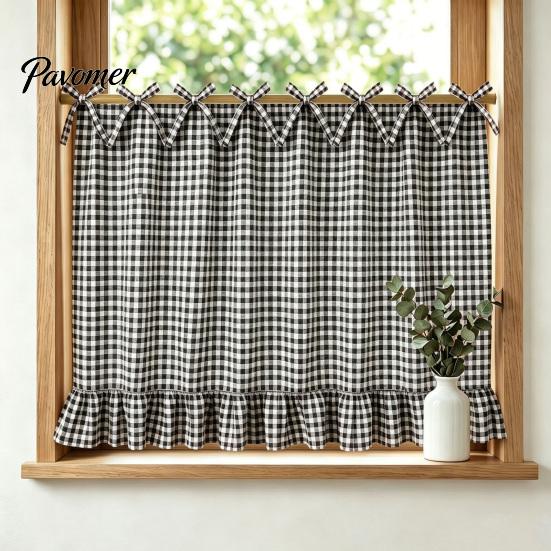 Oven Side Window Drapes Buffalo Plaid Curtain Skirt, Door with Ribbon Bows, Rustic Small Space Decor Half for Farmhouse Kitchen Sink, Cabinet,