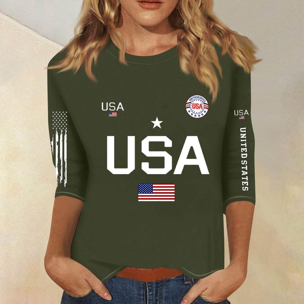 3/4-Ärmel Oberteile für Damen T-Shirt Lässig Print Oberteile T-Shirt Rundhals Pullover Bluse