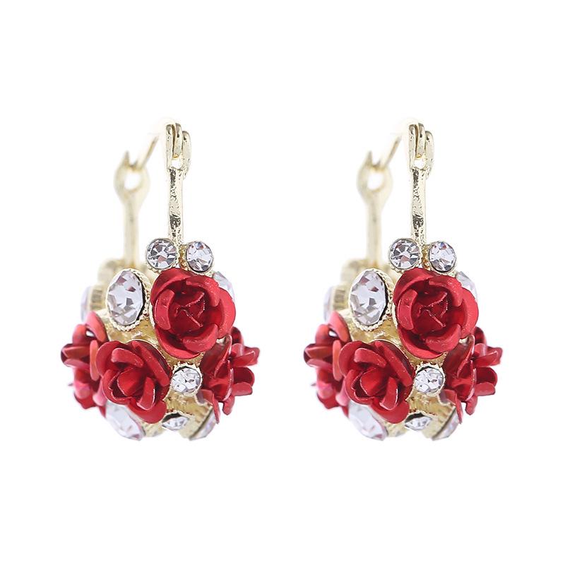 Red Rose U-shaped Ear Cuff with Purple Rose Flower Earrings - Luxury Brocade Basket Design