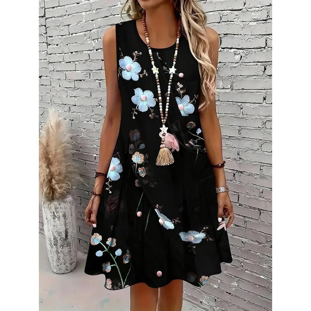 Summer Sleeveless Dress Women Fashionable Colorful Flowers 3d Print Beach Vacation Mini Dresses Comfortable Plus Size 8XL Soft Breathable Vest Dress