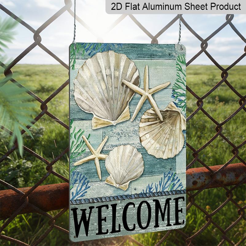 2D Flat, 1pc Nautical "Welcome" Seashell & Starfish Metal Wall Art Sign - 8*12 Inch Aluminium Rustic Beach House Decor, Coastal Watercolor Style