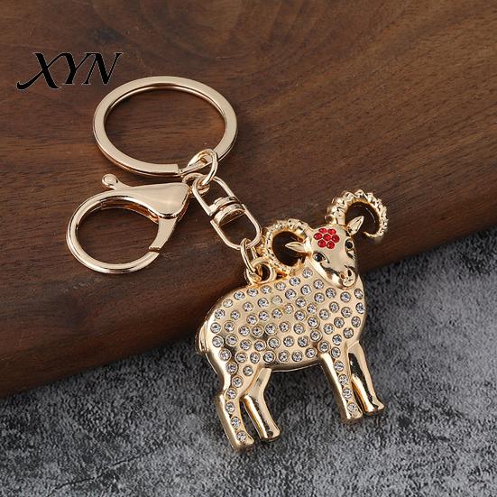 Rhinestone Goat Charm Golden Plated Keychain, Animal Shaped Zodiac Key Ring Metal Keyring Pendant, Handbags Backpack Decorative Accessories Pendant
