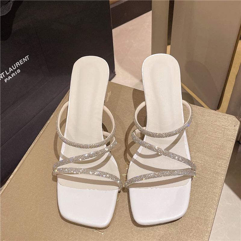 French high-heeled slippers women's summer outer wear 2025 new rhinestone small fragrant wind transparent word with thick heel crystal sandals