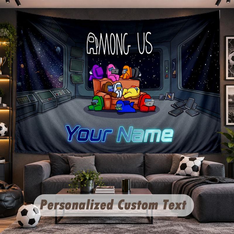 Wall Hanging Tapestry Custom NameAmong Us Pattern Personalized Printed Fabric Wall Decor