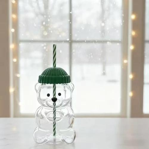 

cute bear glass coffee mug with straw, cartoon bear shape cup, gift for women kids friends for milk tea juice Below 50ml