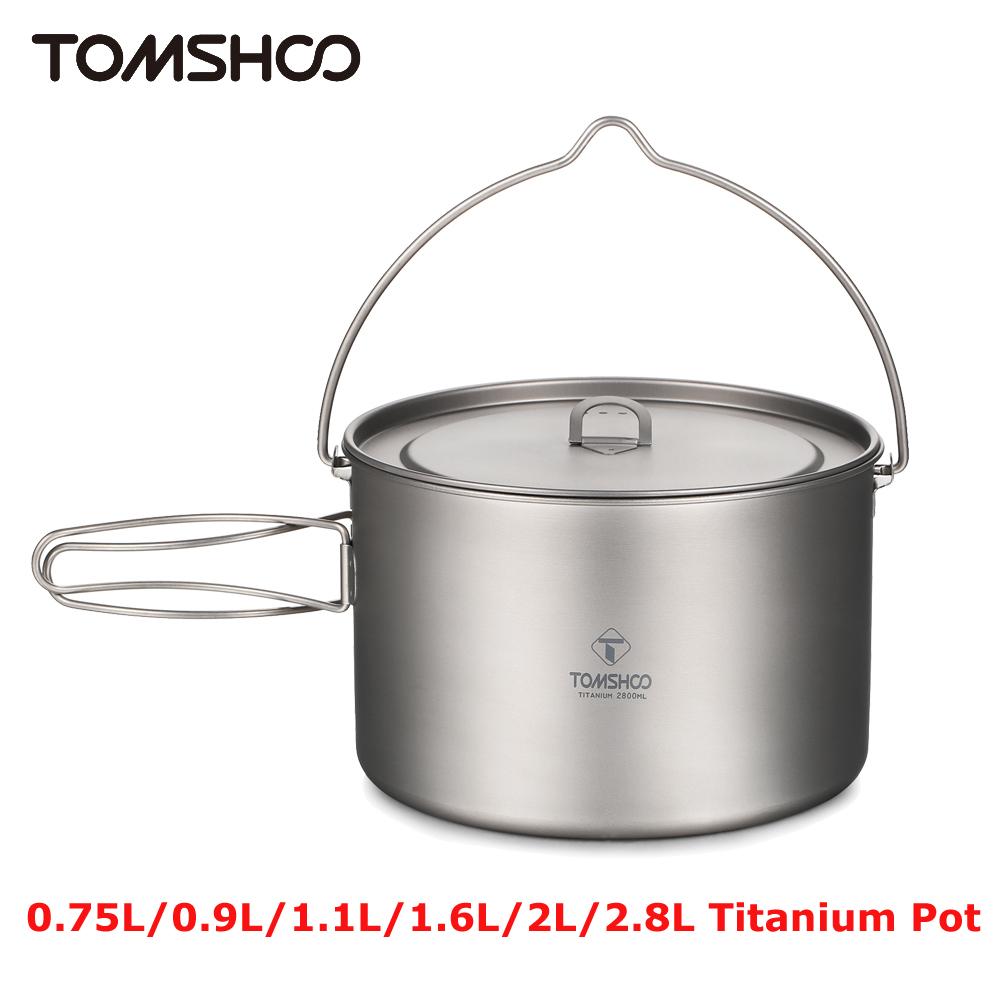 

TOMSHOO Посуда для кемпинга Титановая кастрюля 0,75 л/0,9 л/1,1 л/1,6 л/2 л/2,8 л Сверхлегкая подвесная кастрюля со складной ручкой для улицы