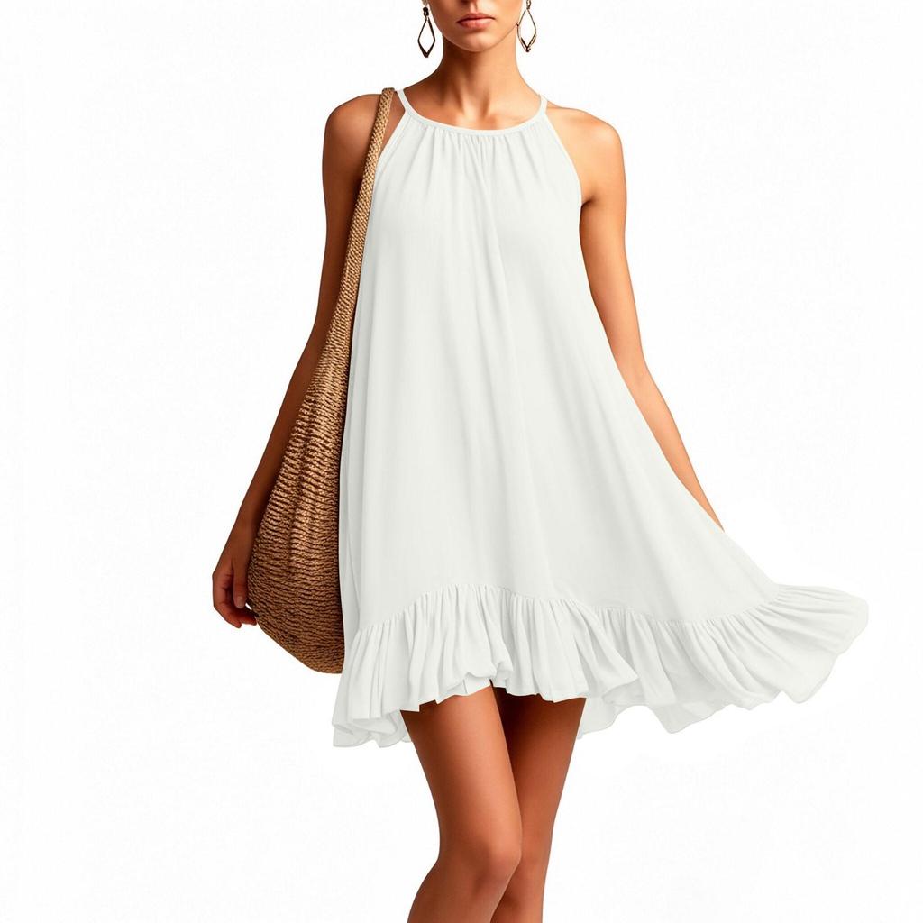 Spring Summer Sleeveless Pleated Halter Vacation Dress for Women