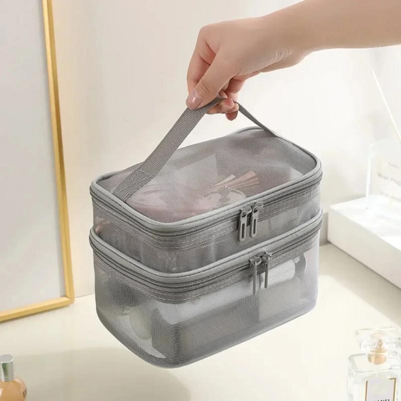 Breathable Mesh Cosmetic Bag Large Capacity Double Layer Anti-scratch Makeup Organizer for Business Trip Daily Travel