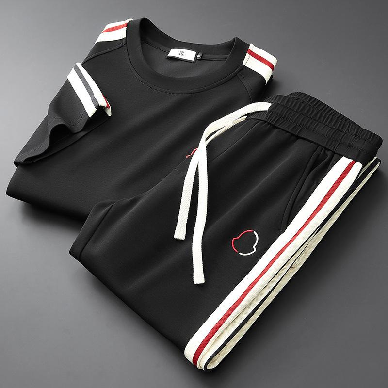 

Men s Trendy Stand Up Collar Sports Suit Casual Fashion Two-piece Set Short Sleeved T-shirt Long Pants Versatile XXL чорний