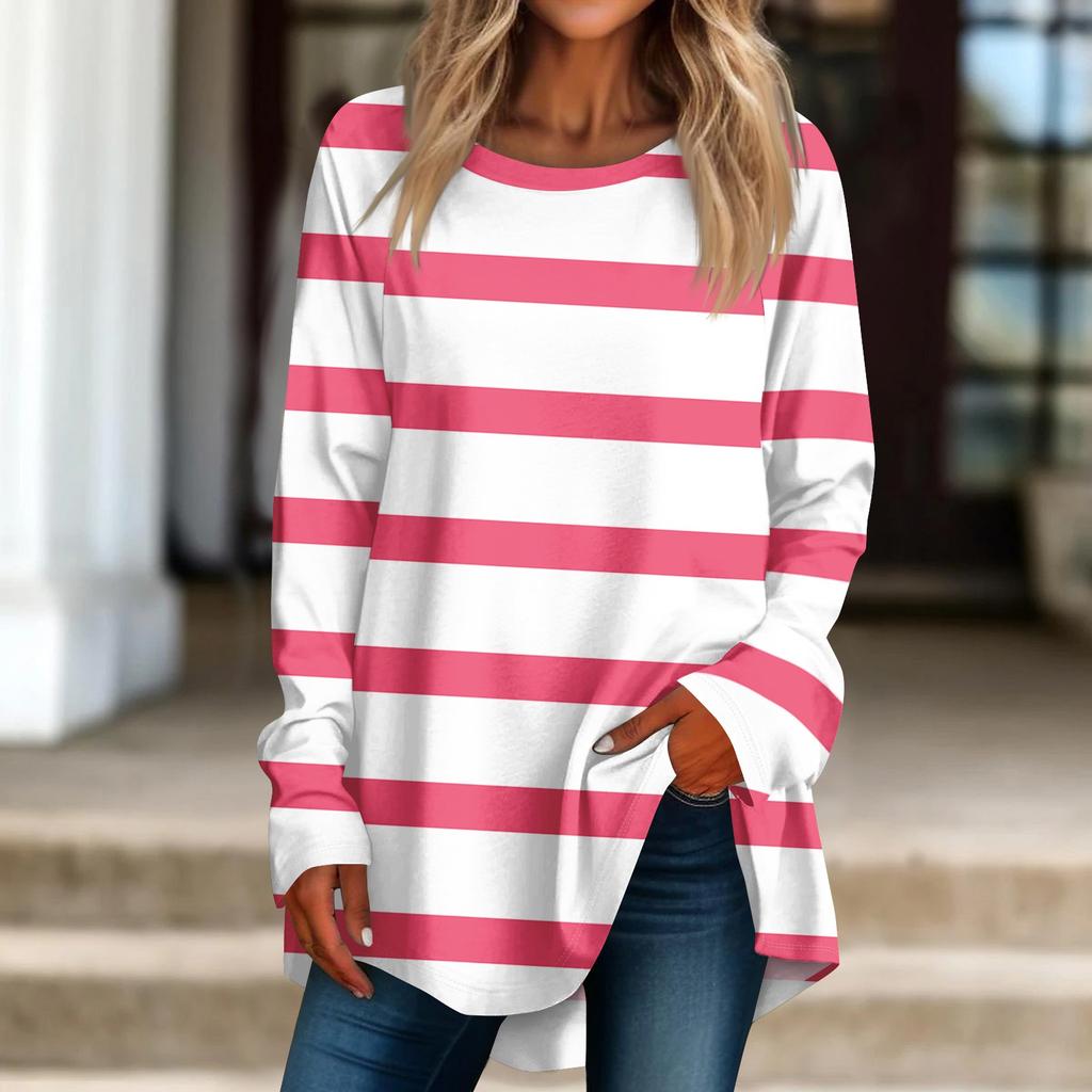 Women's Casual  Plus Size Long Sleeved Round  Printed T-shirt Top Pullover
