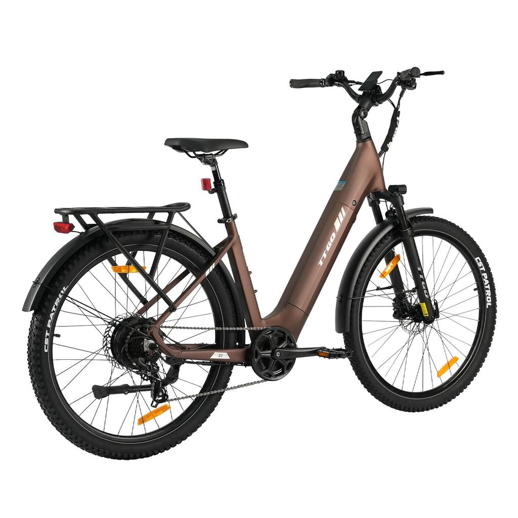TTGO Z3: 48V15Ah charges overnight. 250W motor eco-friendly. 27.5" tires smooth. Tow seat for family