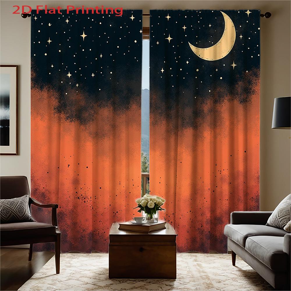 Set aus 2 flach bedruckten Vorhängen Nachthimmel Mond Stern Orangeton Schlafzimmer Wohnzimmer Heimdekoration Hergestellt Polyester Sitzfensterbehandlung
