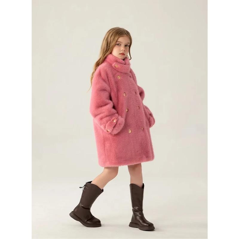 Winter Warm Girls Fashion Double-Breasted Cotton Lined Faux Fur Jackets School Kid Thick Coat Children Outfit Windbreaker