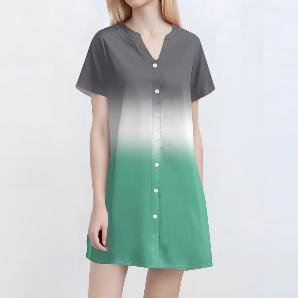 Women Fashion Casual V-neck Short Sleeve Button Gradient Print Dress