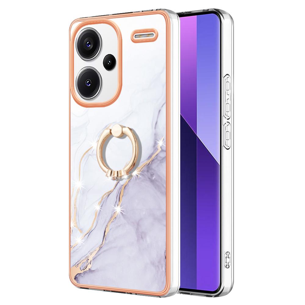 

For Xiaomi Redmi Note 13 Pro+ 5G Case with Ring Kickstand Marble Pattern Electroplating TPU Back Cover White 006