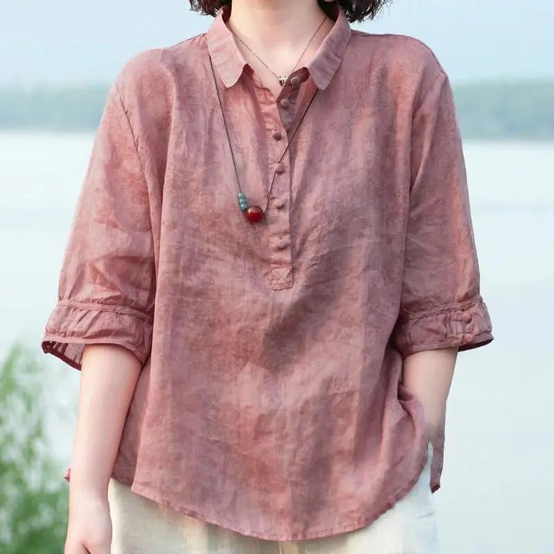 Women's Shirt Half Sleeve Lapel Loose Fit Thin Shirt Tops Buttons Neckline Pullover Tops Jacquard Print Solid Color
