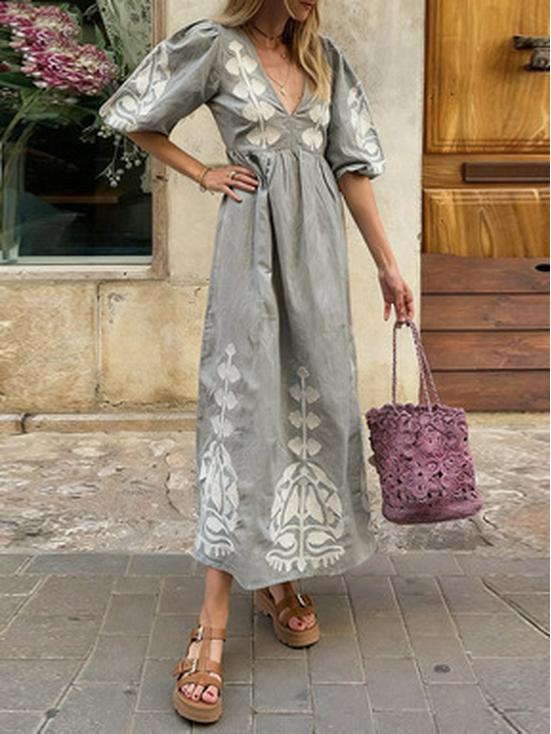 Vestido Casual Holgado para Mujer con Escote en V, Mangas Abullonadas y Espalda Descubierta 2025