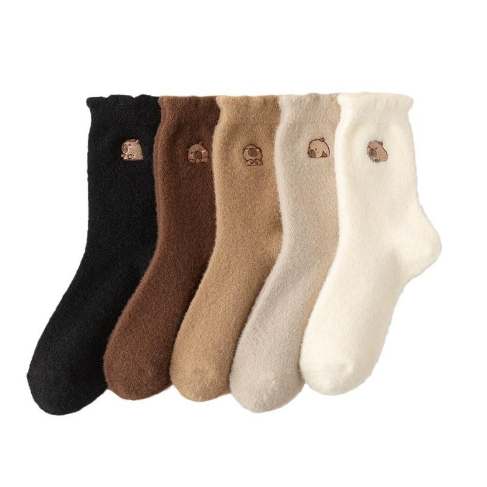 5 párů Roztomilé fleecové ponožky s kapybarou s volánkem Kawaii Zesílené teplé ponožky Zimní měkké plyšové ponožky Dámské studentské