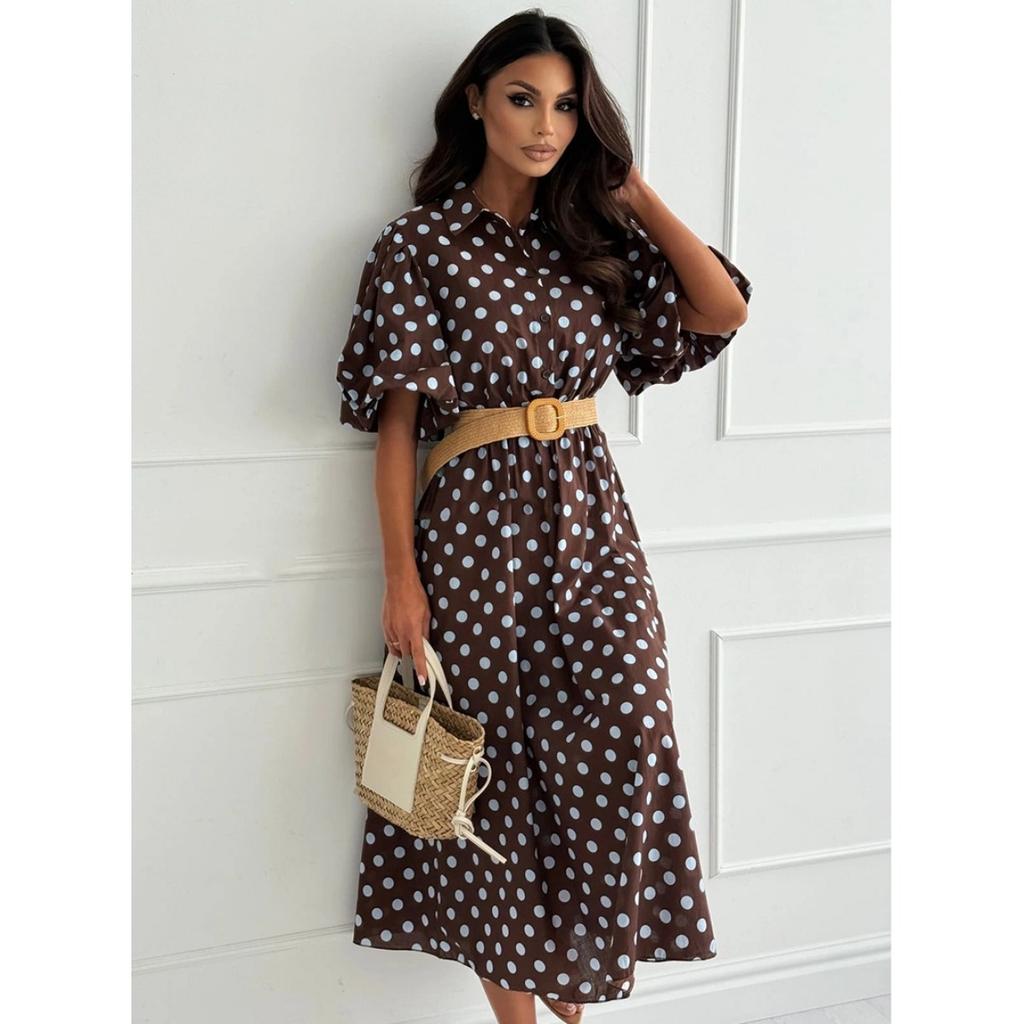 Abito midi a pois da donna, vestito casual ampio a mezza manica, vestito casual da giorno per donna, primavera estate, stile europeo americano