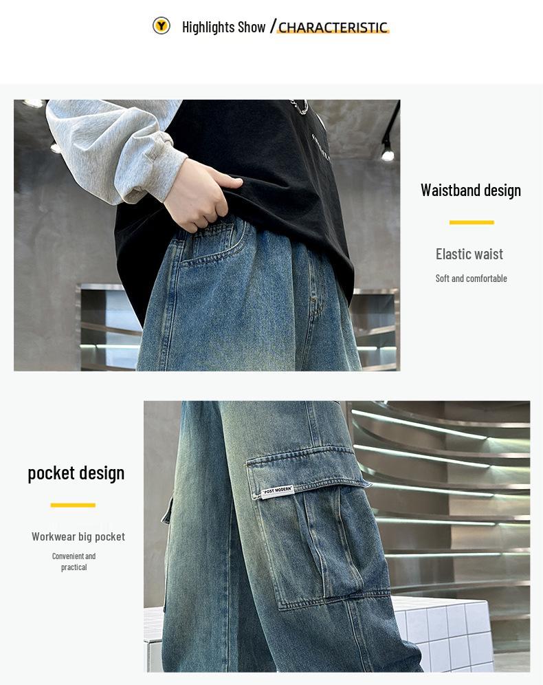 Boys' Soft Denim Jeans - Spring & Autumn 2025 Korean Style Straight-Leg Trendy Loose-Fit Workwear Pants