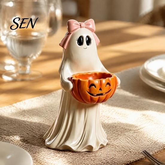 Holiday Atmosphere Enhancers Resin Ghost Statue with Pumpkin Candy Bowl for Halloween Table Decor, Cute Desk Decor Office Desktop Organizer