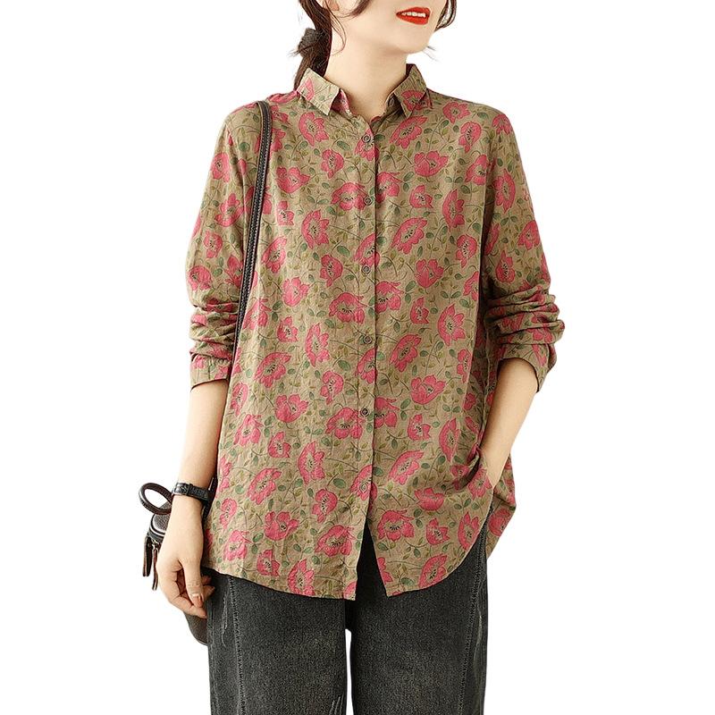 1116 Frühherbst neue literarische und Retro-Druck Baumwoll-Leinen Langarmshirt Damen Herbst locker Mutter-Shirt