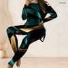 Women Plus Size Round Neck Long Sleeve Printed Longline Top Fitted Pants Two Piece Set