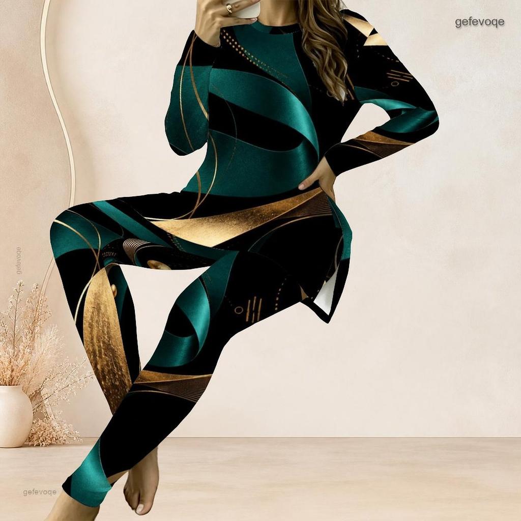 Women Plus Size Round Neck Long Sleeve Printed Longline Top Fitted Pants Two Piece Set