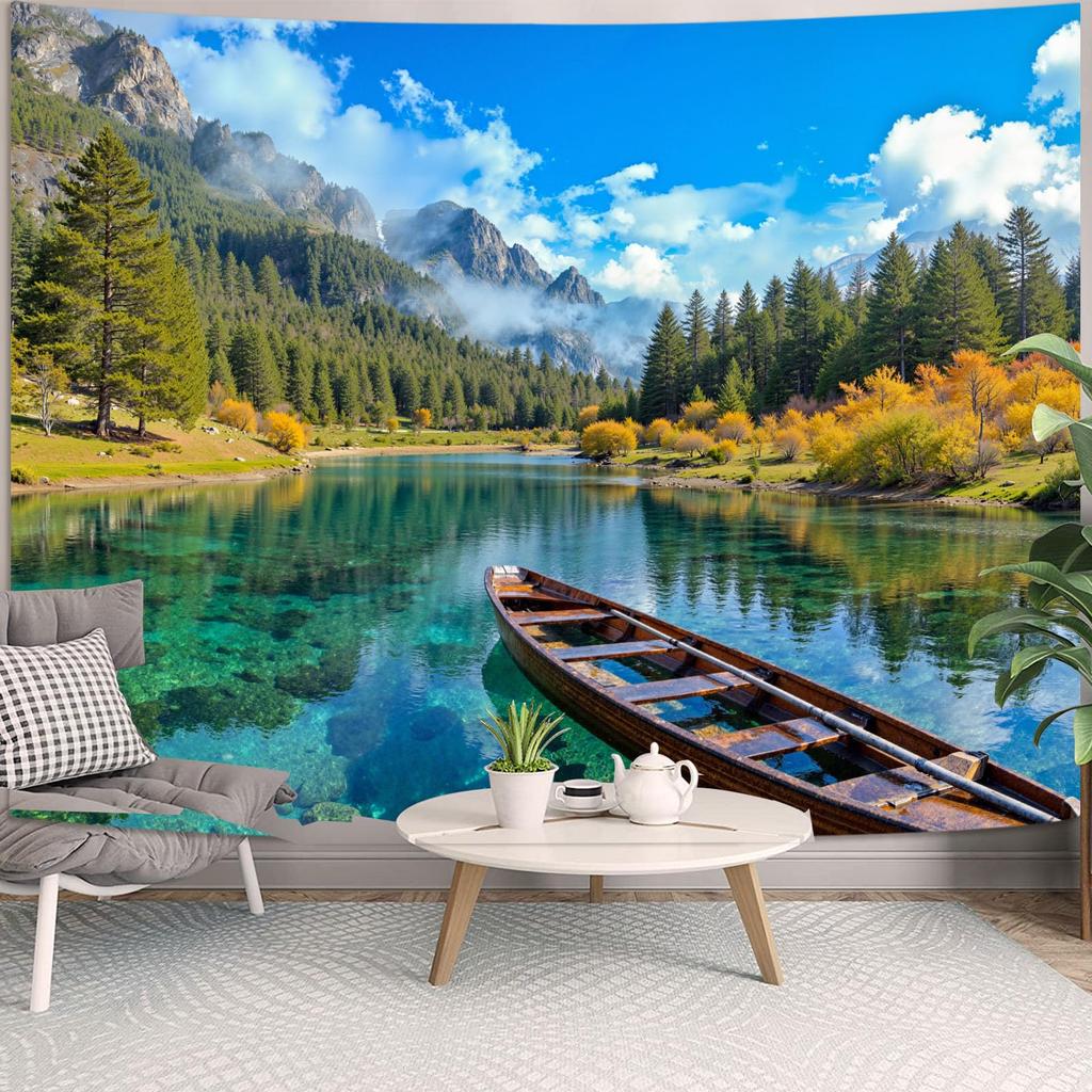 Nature Mountain Forest Tapestry Sage Green Tree Stream Wall Tapestry for Bedroom Aesthetic Lush Woodland Landscape Small