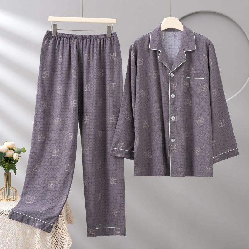 Men's Cotton Silk Long Sleeve Pajama Set, Plus Size, Cardigan, Wear Outdoors, Internet Trend, Pure Cotton, Simple & Comfortable Homewear
